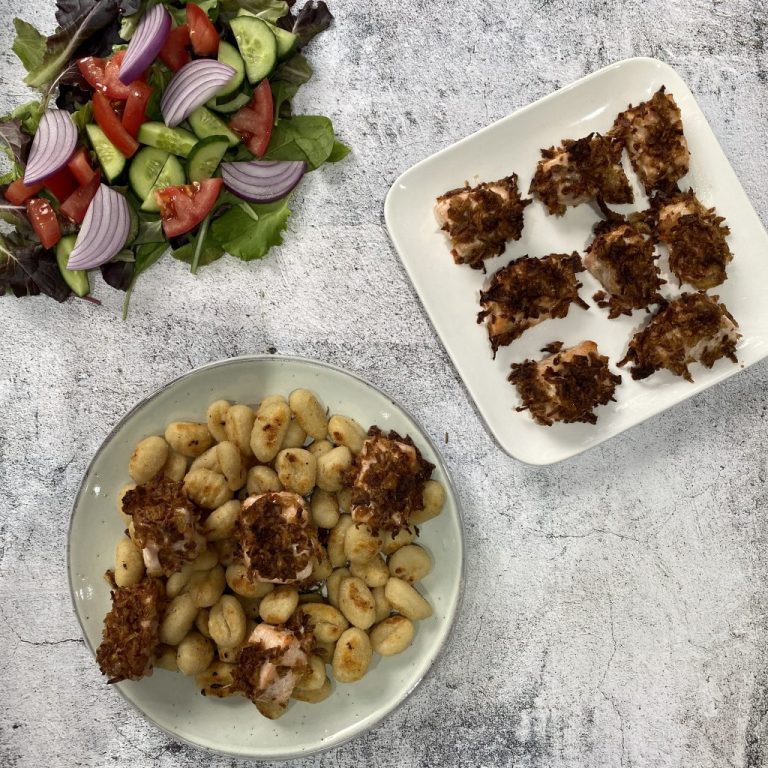 Pan Fried Rosemary and Garlic Gnocchi with Crispy Sweet Chilli Salmon