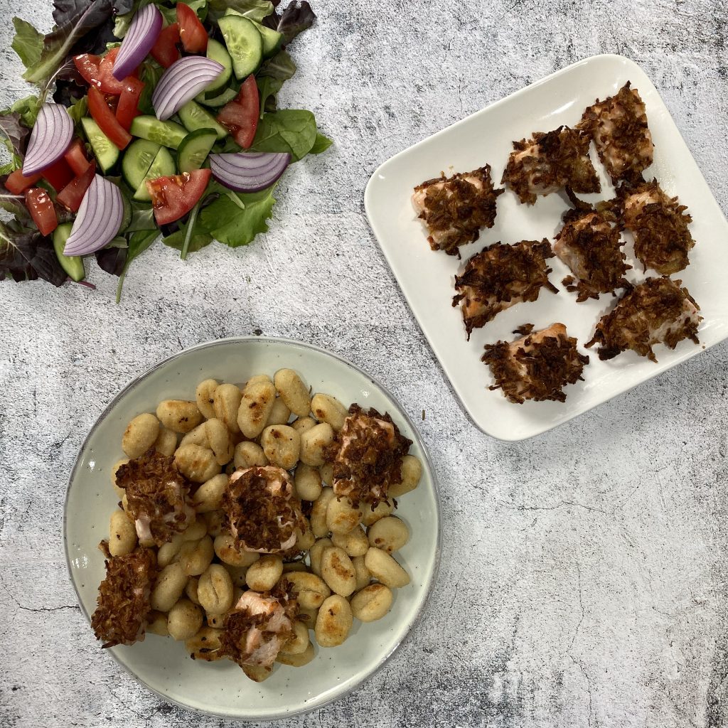 Pan Fried Rosemary and Garlic Gnocchi with Crispy Sweet Chilli Salmon