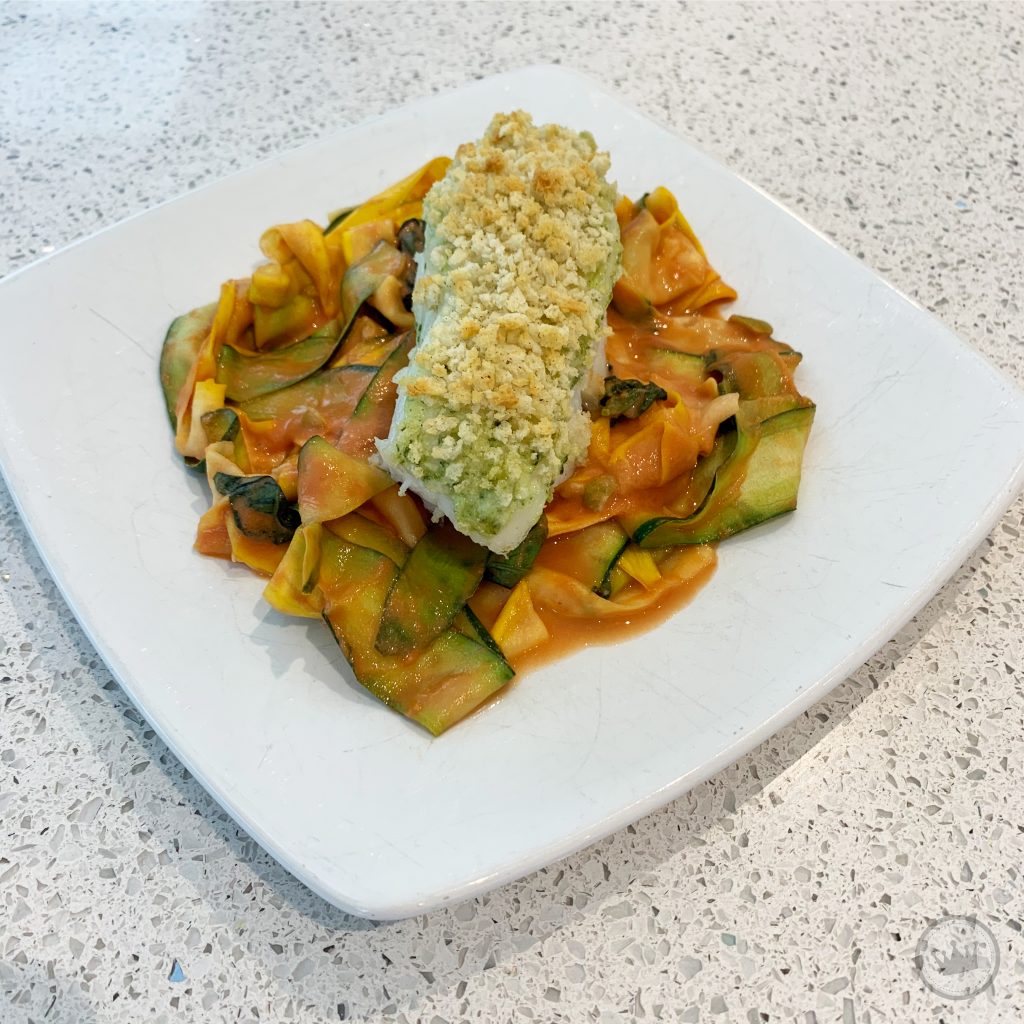 Basil Crusted White Fish with Pesto Zoodles